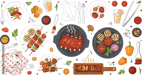 Barbecue Grill Food Set with Steak, Skewers, Vegetables, Sauces and Tableware for BBQ Party Menu and Outdoor Cooking Illustration