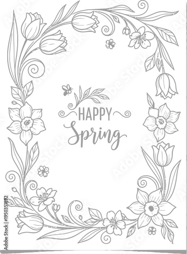 Beautiful hand drawn black and white floral frame design wishing everyone a happy spring season