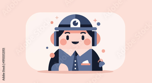 A cartoon figure in a uniform with a hat and headset, smiling