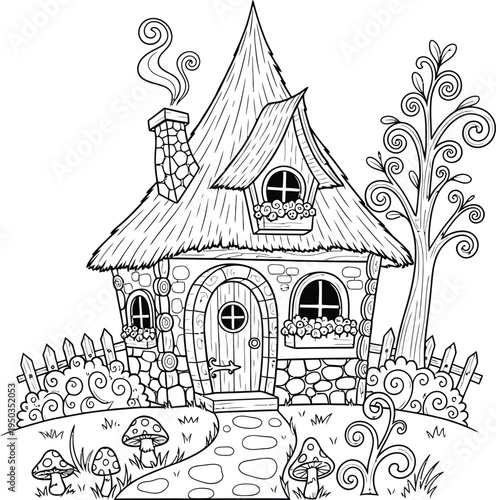 Charming whimsical black and white coloring page outline of a fairytale cottage with a thatched roof