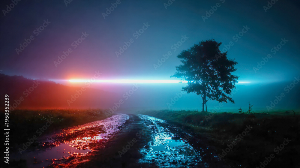 Naklejka premium UFO-like beam of light illuminating a lone tree on a wet rural road at night, cinematic sci-fi atmosphere with blue and red glow