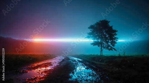 UFO-like beam of light illuminating a lone tree on a wet rural road at night, cinematic sci-fi atmosphere with blue and red glow