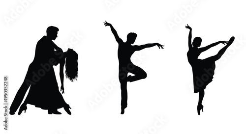 A striking silhouette depicts three dancers in dynamic poses showcasing elegance and artistry through movement and form high quality