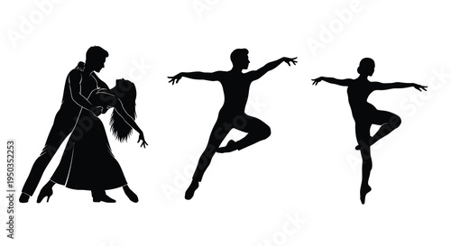 A striking black silhouette illustration depicts three dancers in dynamic poses showcasing elegance and movement high quality professional detailed
