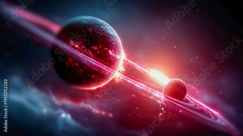Glowing star and planets with neon ring light in a misty nebula, cinematic cosmic scene with intense red highlights