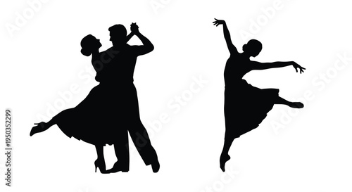 A striking silhouette depicts two pairs of ballroom dancers elegantly poised in dynamic movement and graceful form high quality