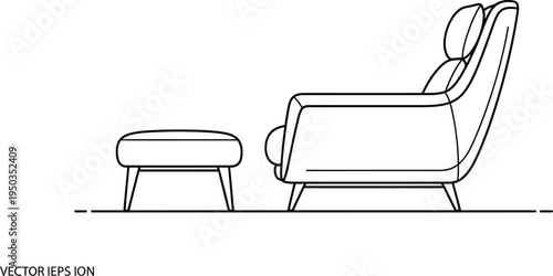 Minimalist line art vector drawing of a comfortable armchair with a matching ottoman in side profile view