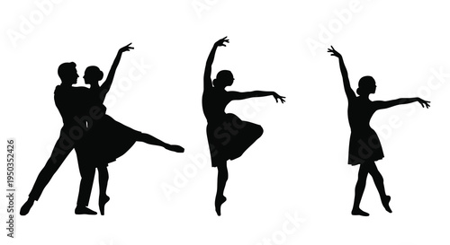 Silhouettes of four dancers in various poses suggest movement grace and artistic expression against a white background high quality