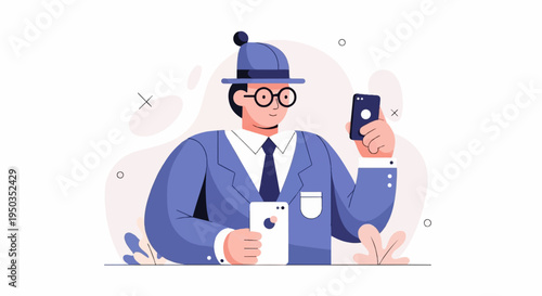 A cartoon man in a blue suit and hat taking a selfie with his phone