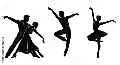A striking black silhouette depicts a couple ballroom dancing alongside a graceful ballet dancer in motion high quality professional