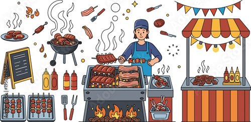 Street Food Barbecue Stall with Vendor Grilling Sausages, Meat Skewers and Hot Dogs on BBQ Grill for Outdoor Market Festival Illustration