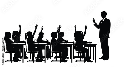 A black silhouette depicts a teacher gesturing to a classroom of students raising their hands fostering active learning