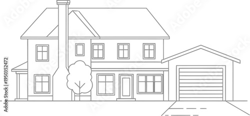 Simple black and white line art vector illustration depicting a traditional two-story family house with an attached garage and small tree.