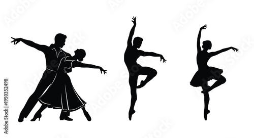 Silhouetted figures depict ballroom dancers in elegant poses alongside a ballet dancer mid leap creating a dynamic scene high quality
