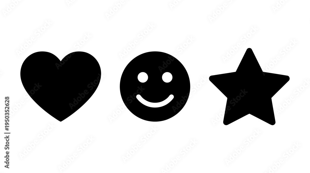 Fototapeta premium Minimalist Black Silhouette Icons Heart, Smile, Star