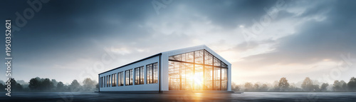 Modern factory building glass facade industrial architecture sunrise cloudy sky exterior contemporary spacious landscape view