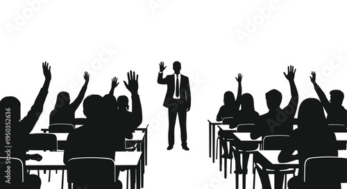 A silhouetted business speaker addresses an audience with raised hands suggesting active participation and engagement high quality professional detailed