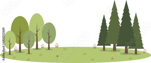 Collection of green nature landscape illustrations featuring various pine and deciduous trees with hills and forest floor vegetation