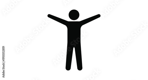 A simple black silhouette of a person with arms outstretched in a celebratory or joyful pose against a white background