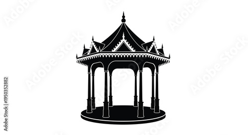 A striking black and white illustration depicts a traditional thai pavilion showcasing ornate details and architectural elegance high quality professional detailed