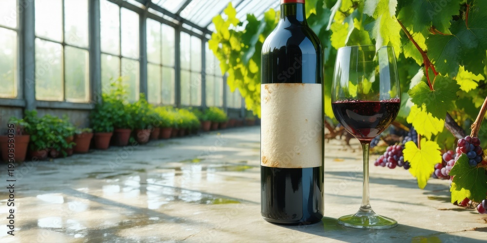 Obraz premium Wine bottle, glass, vineyard backdrop. Sunlight streams through greenhouse structure. Rich red liquid fills both containers. Peaceful scene.