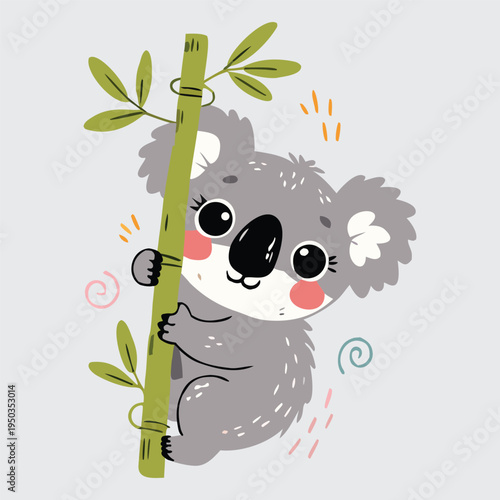 a cute grey koala clinging to a green bamboo stalk