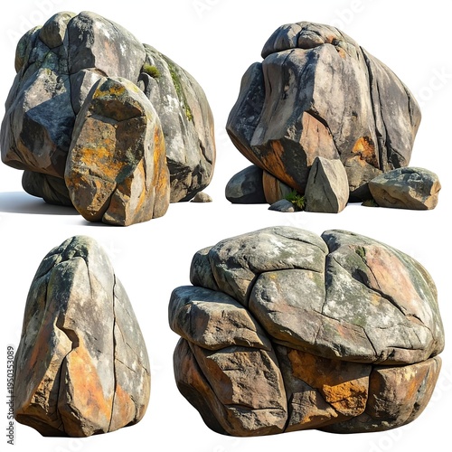 Four different views of a large, multicolored rock formation