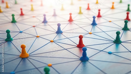 Colorful pawns connected by lines on a board, representing networking, connections, or social structure.