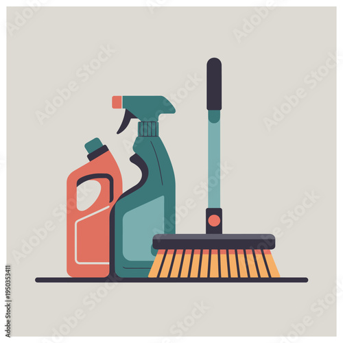 Flat illustration of various cleaning supplies including a spray bottle, detergent, and a broom, set against a light background.