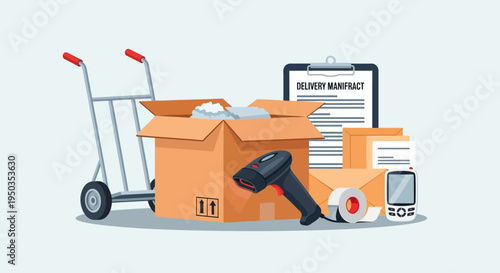 Delivery service logistics: box, trolley, scanner, tape, envelopes, documents, phone