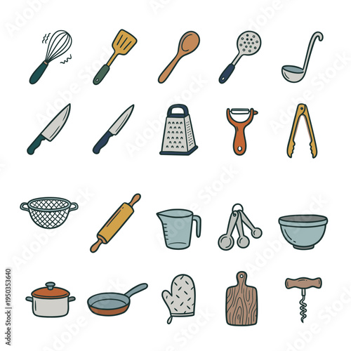 A charming collection of hand-drawn kitchen utensils and cooking tools, featuring a variety of essential culinary equipment for home chefs.