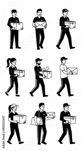 Delivery People Carrying Packages and Letters, Diverse Couriers in Motion