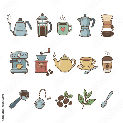 A charming collection of hand-drawn cartoon icons depicting various coffee and tea brewing tools, beverages, and ingredients.