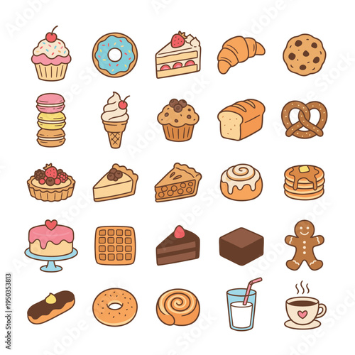 A delightful collection of various baked goods, desserts, and sweet treats in a colorful cartoon style.
