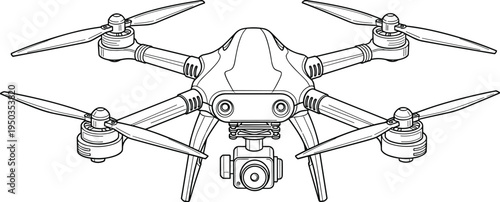 "Detailed line drawing of quadcopter drone with four rotors, aerodynamic body, mounted camera gimbal, perfect for aerial photography, surveillance, technology, engineering, and educational design 