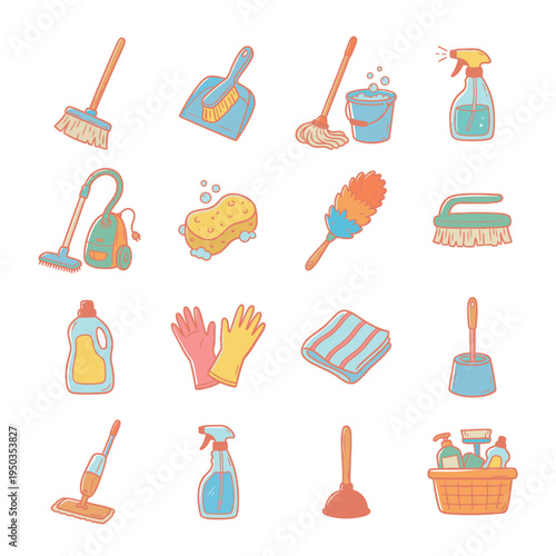 A vibrant collection of various household cleaning tools and supplies, including brooms, mops, sponges, and detergents, in a cute cartoon style.