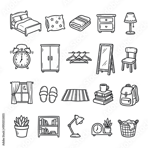 A collection of hand-drawn doodle icons depicting various household furniture and everyday objects found in a home, including bedroom and living items.