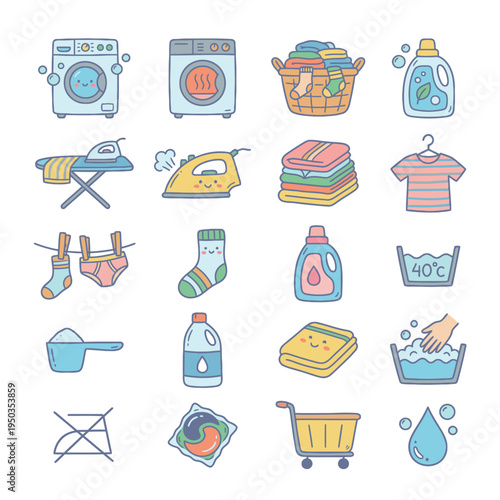 Cute cartoon laundry icons set with washing machines, detergents, irons, clothes, and various cleaning supplies for household chores.