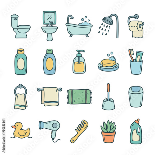 A collection of hand-drawn doodle icons representing various bathroom fixtures, toiletries, and accessories in a light blue, yellow, and green color palette.