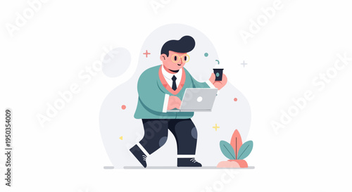 A cartoon man walks with a laptop and a coffee cup