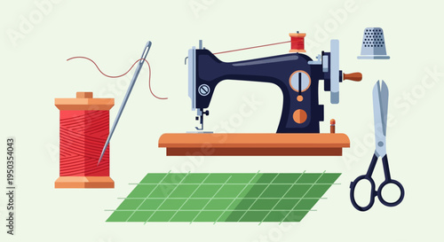 Sewing Machine, Thread, Needle, Scissors, Thimble, Fabric - Crafting and Tailoring Tools