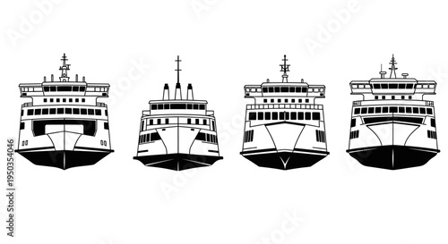 Set of four ferry boats front view, black and white illustration