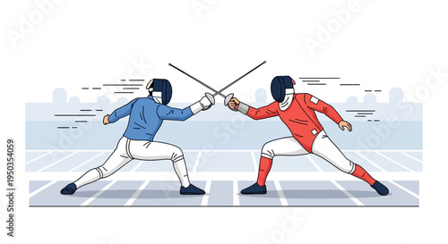 Two Fencers in Red and Blue Competing in a Duel with Swords