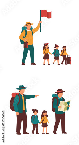 Tour Guide Leads Children on Adventure Trip with Map and Flag