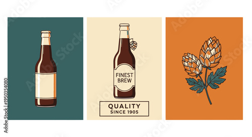 Vintage Beer Bottle and Hops Illustration Set - Retro Brew Graphics