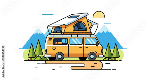 Yellow Camper Van with Pop-Top Roof in Scenic Mountain Landscape