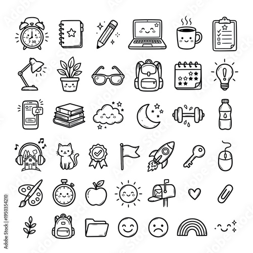 A collection of cute black and white line art icons depicting various daily life objects, study items, hobbies, and general symbols.