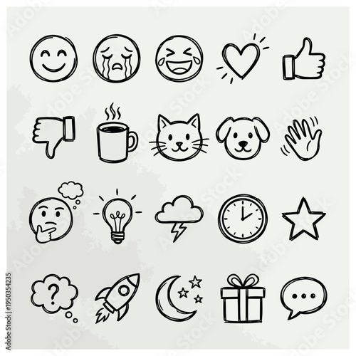 A collection of hand-drawn doodle icons featuring various emotions, objects, and animals in a simple black and white sketch style.
