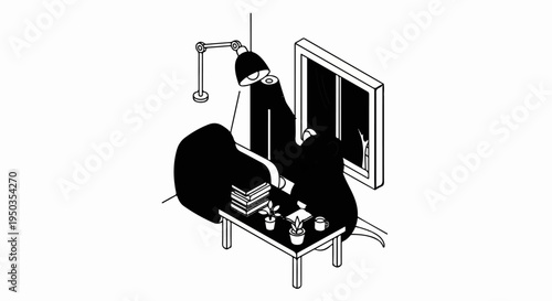 A black figure sits at a desk with books, plants, and a cup, illuminated by a desk lamp