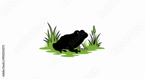 A black frog sits in green grass with cattails